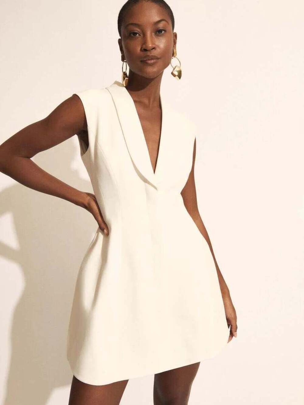 Bardot Destene White Mini Dress Sleeveless Balloon Skirt Deep V-Neck Collar